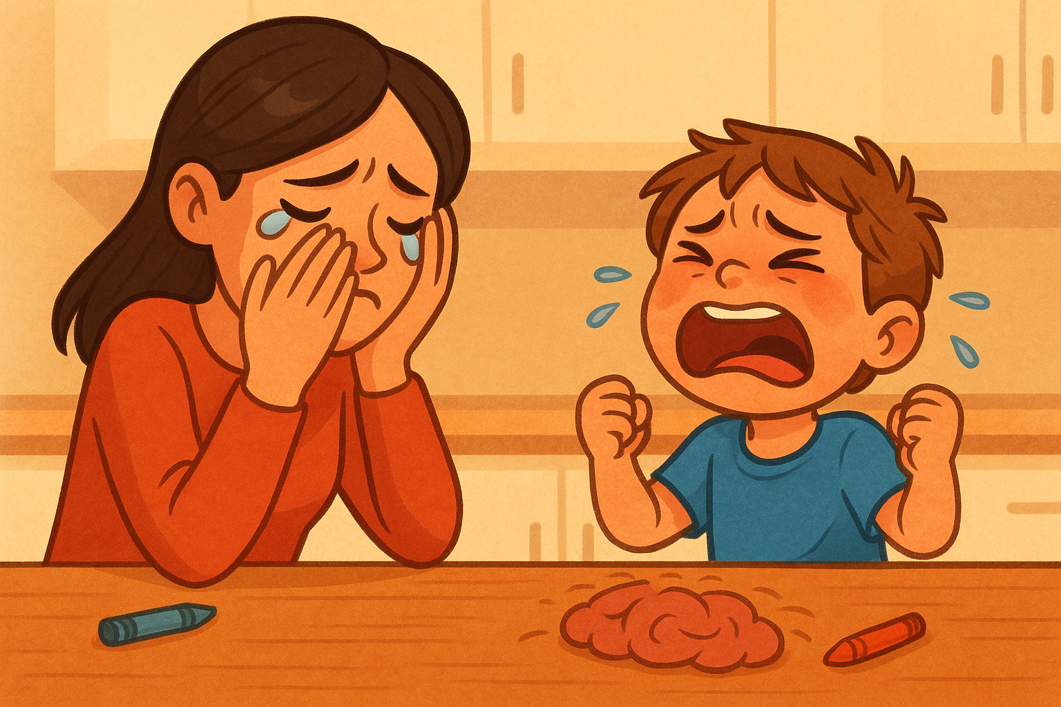 Tired mom sitting on the floor after a hard morning