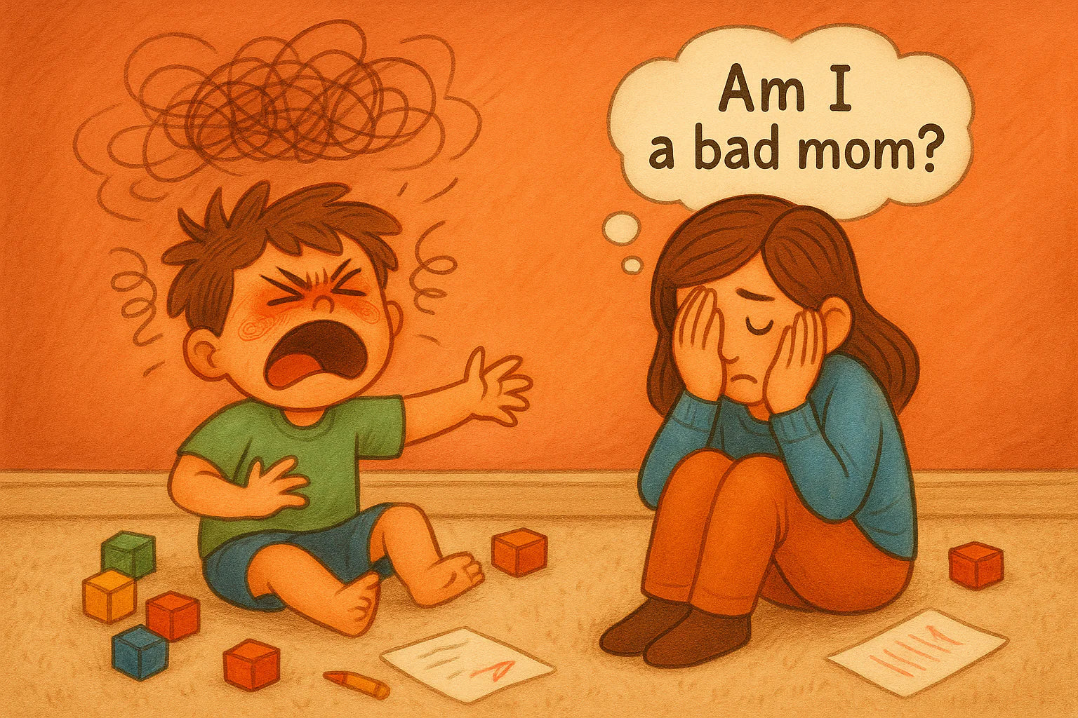 Tired mom sitting on the floor after a hard morning