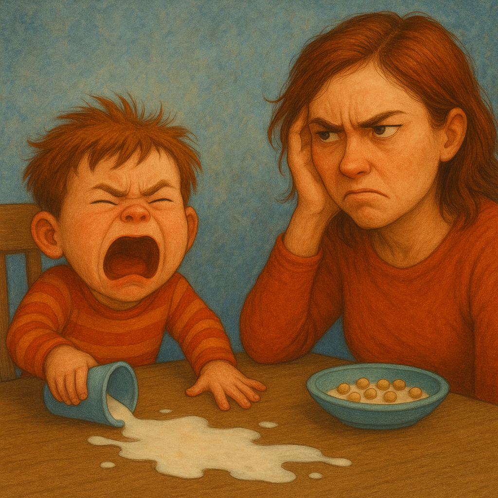 Child upset while parent looks overwhelmed